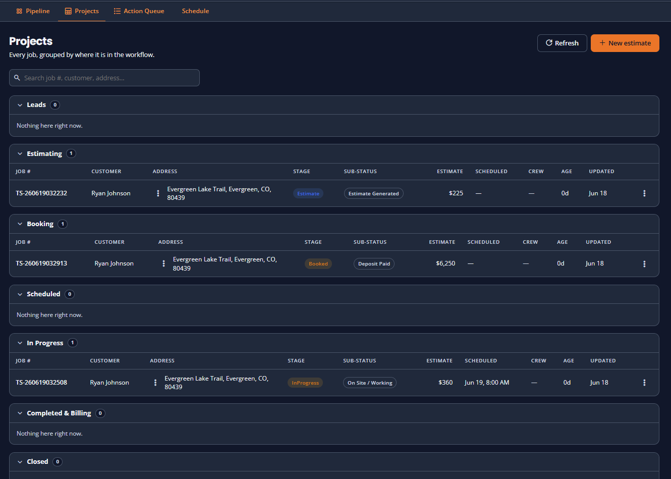 PropertyWorks projects pipeline — every job grouped by workflow stage