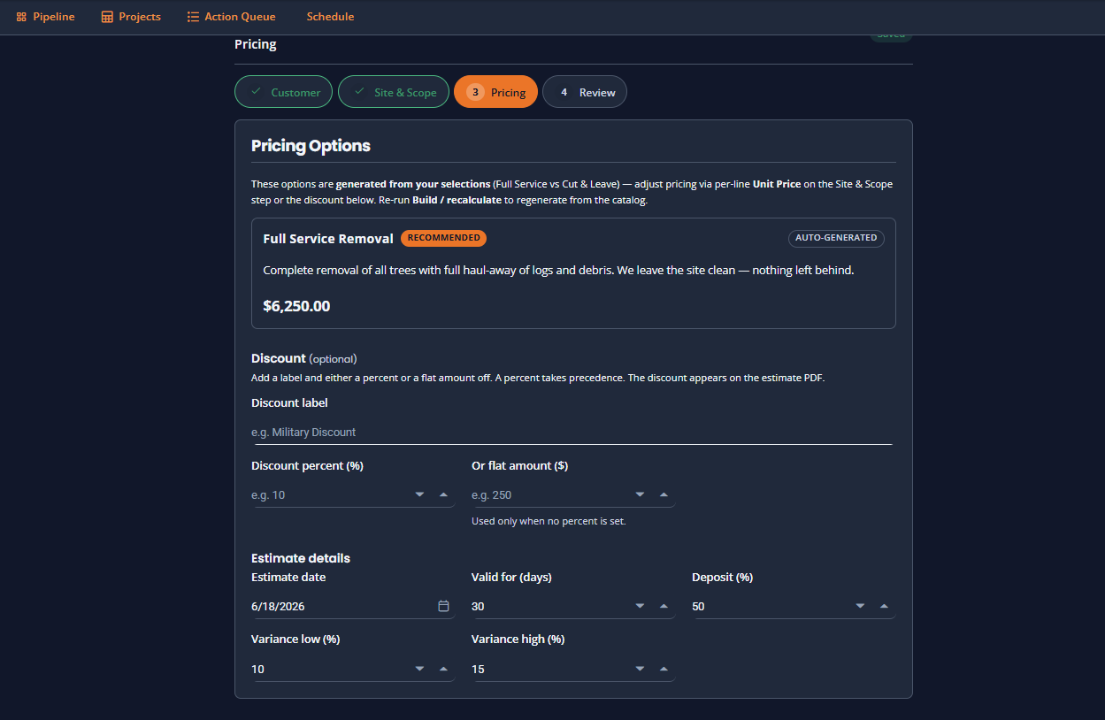 PropertyWorks pricing options with recommended price, discounts, and estimate details